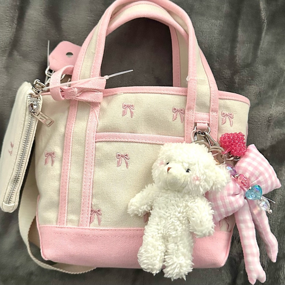 Madden girl Pink and Cream  Tote Bag with Teddy Charm